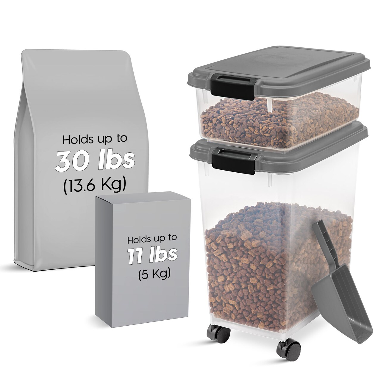 IRIS USA 30lbs+11lbs Airtight Pet Food Storage Container Combo with Scoop and Casters, up to 41lbs